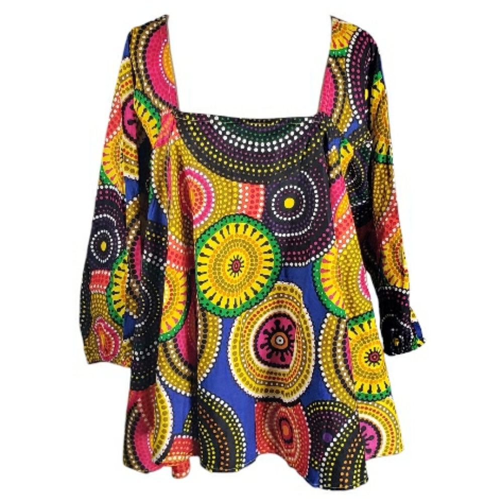 Look At Me Concentric Circle Print Square Neck Peplum Blouse Top NWT African XL